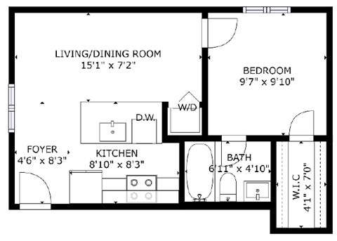 Floor plan for 1 bed, 1 bath, 397 sqft